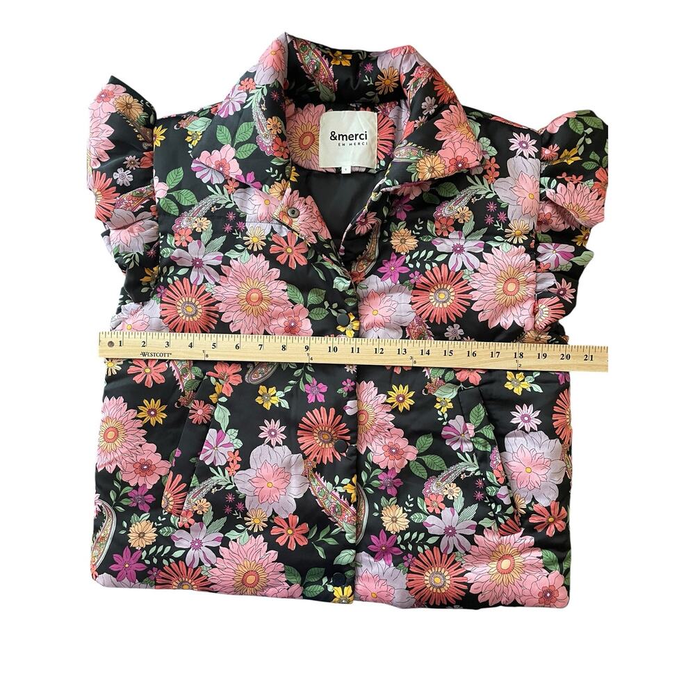 &merci Floral Puffer Vest Ruffle Flutter Sleeve Snap Front Size Small - Picture 3 of 5